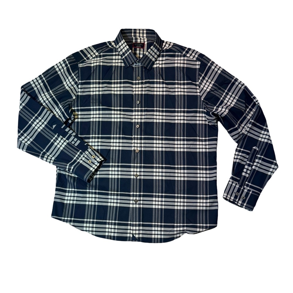 UNTUCKit mens XL blue white plaid performance button up casual shirt EUC